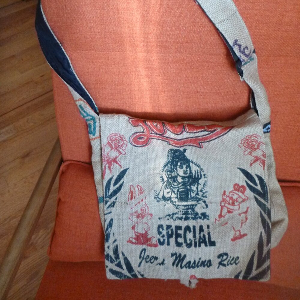 Recycled Upcycled Rice Messenger Bag with Coin Bag